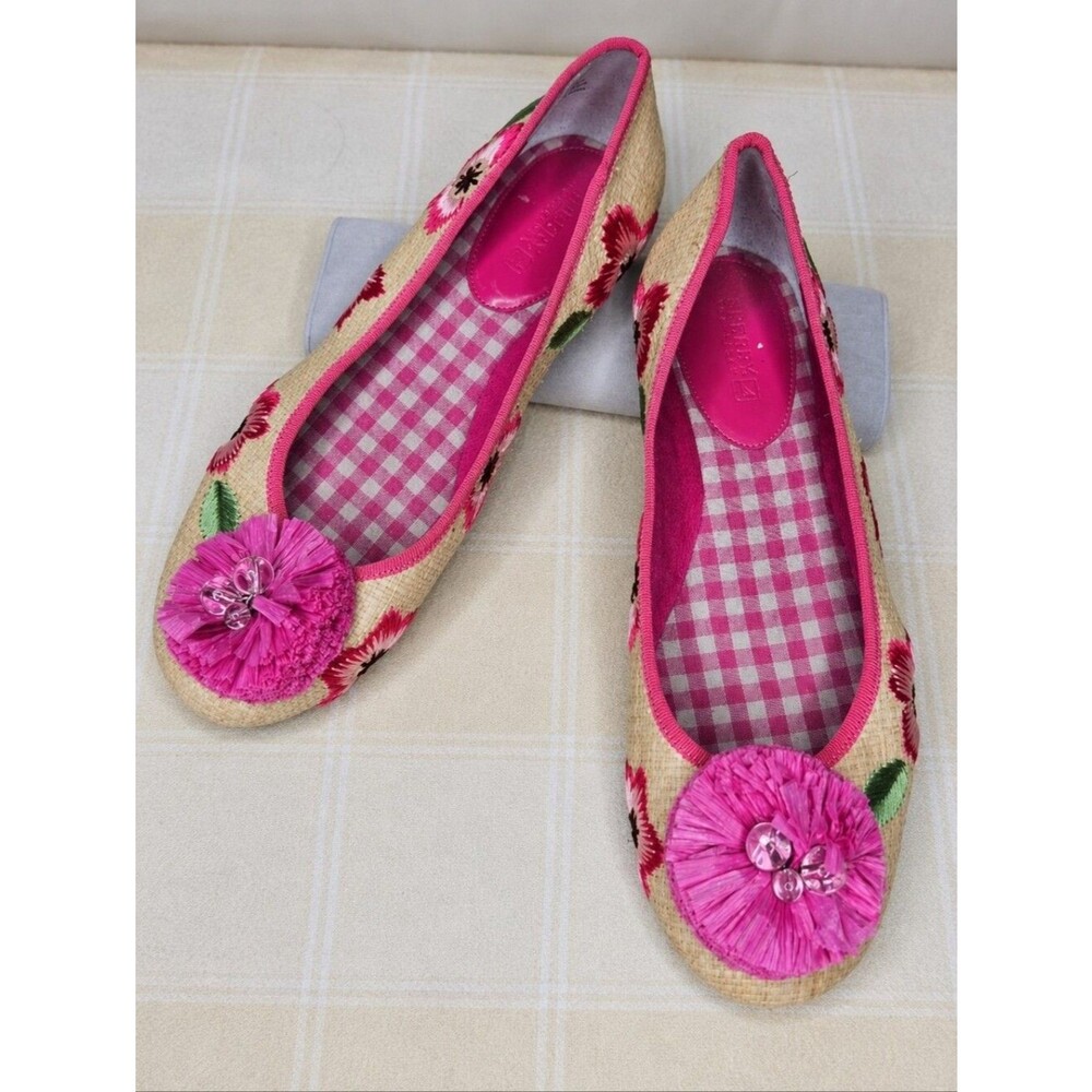 Sperry Top Sider Woven Raffia Hot Pink Pom Pom Embroidered Preppy Ballet Flats